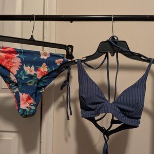Blue floral bikini set with pink and white flowers, size M